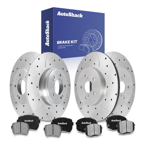 AutoShack Front Vented & Rear Solid Drilled & Slotted Silver Zinc Coated Brake Rotors   Ceramic Pads 12-PC Brake Kit Replacement for 2020 Hyundai Kona SilverShield Pro