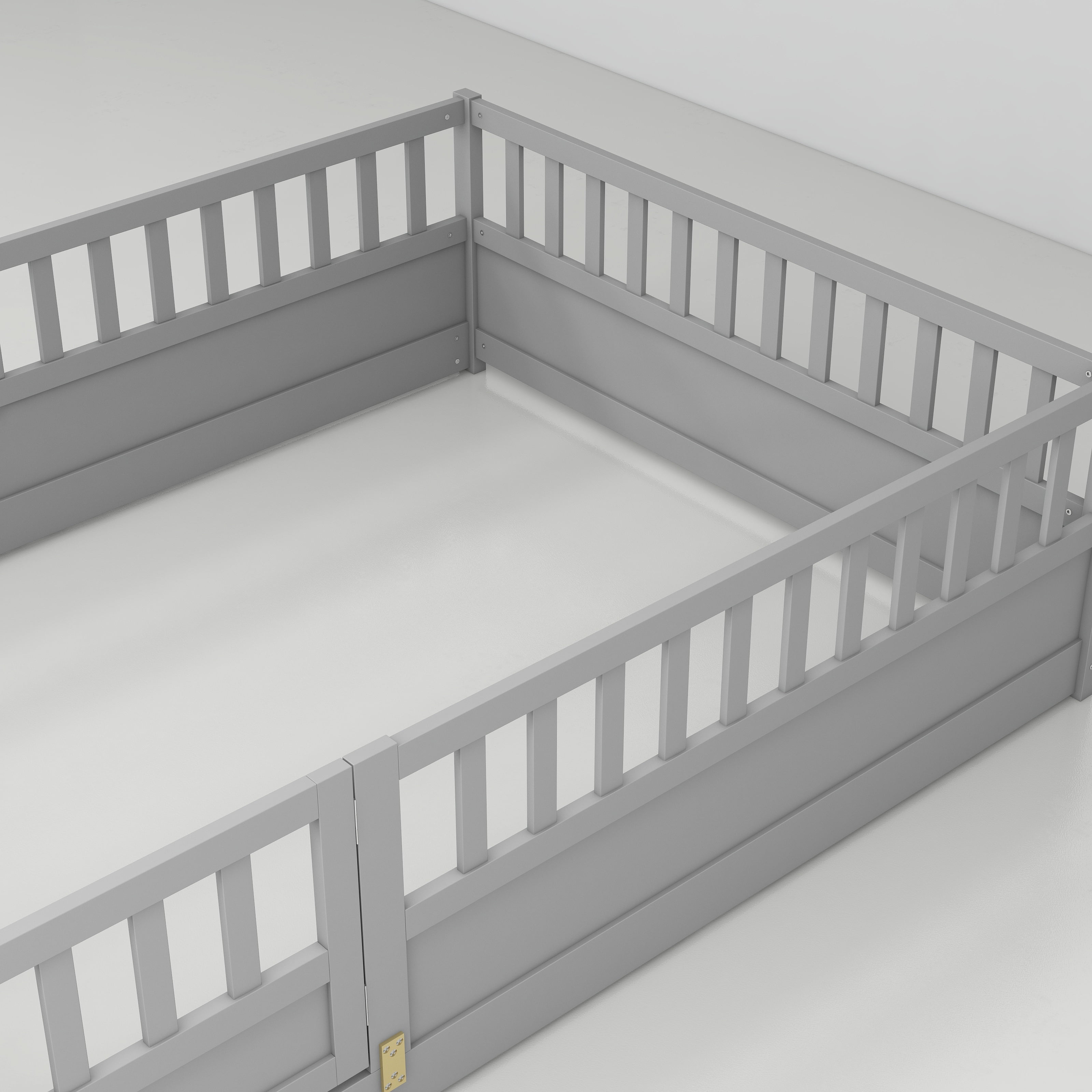 Euroco Wood Floor Bed with Fence and Door for Kids, Full, Gray