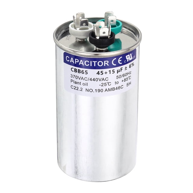 Uxcell 45+15MFD CBB65 Capacitor de Arranque Redondo 45+15uF, 370/440V Capacitor de CA para Funcionamiento de Motor de CA, HVAC, Aire Acondicionado, Motores de Condensador