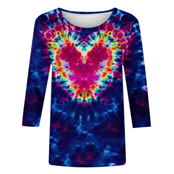 BLVB Tie Dye Heart Graphic T Shirt Women Valentines Shirt Cute Pattern 3/4 Sleeve Tops Spring Crewneck Tees