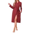 thumbnail image 1 of INSPIRE CHIC Bata de mujer de manga larga con cuello en V, bata de baño de punto tipo kimono, ropa de descanso ligera con bolsillos laterales, color rojo vino, 1 of 5