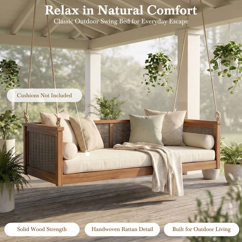 Outdoor Acacia Wood Twin Size 2-Seat Porch Swing Bench, Rattan Hanging Swing Chair Bed with Ropes for Patio, Garden, Backyard