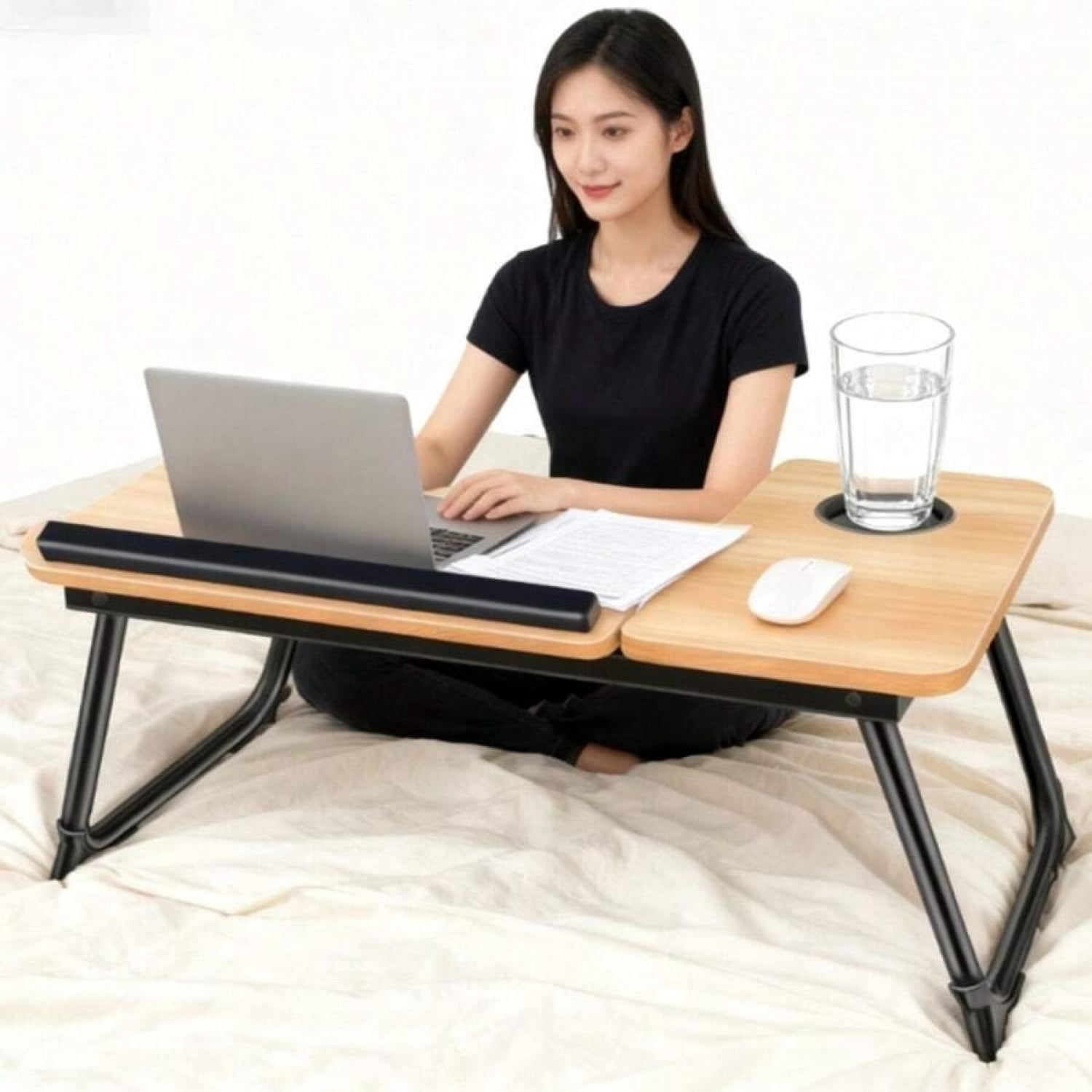 odorsTT Laptop Desk For Bed Or Couch, Folding Bed Tray with Cup Holder, Portable Legs Desk for Working Reading Writing Breakfast, Laptop Stand for Bed - Peach Wood Color
