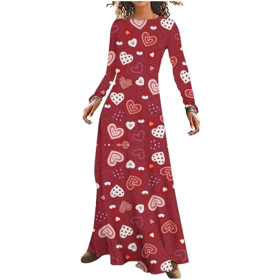 Leesechin Clearance Womens Dresses Plus Size Valentine's Day Striped Summer Floral Printing Long Sleeve Round-Neck Dresses