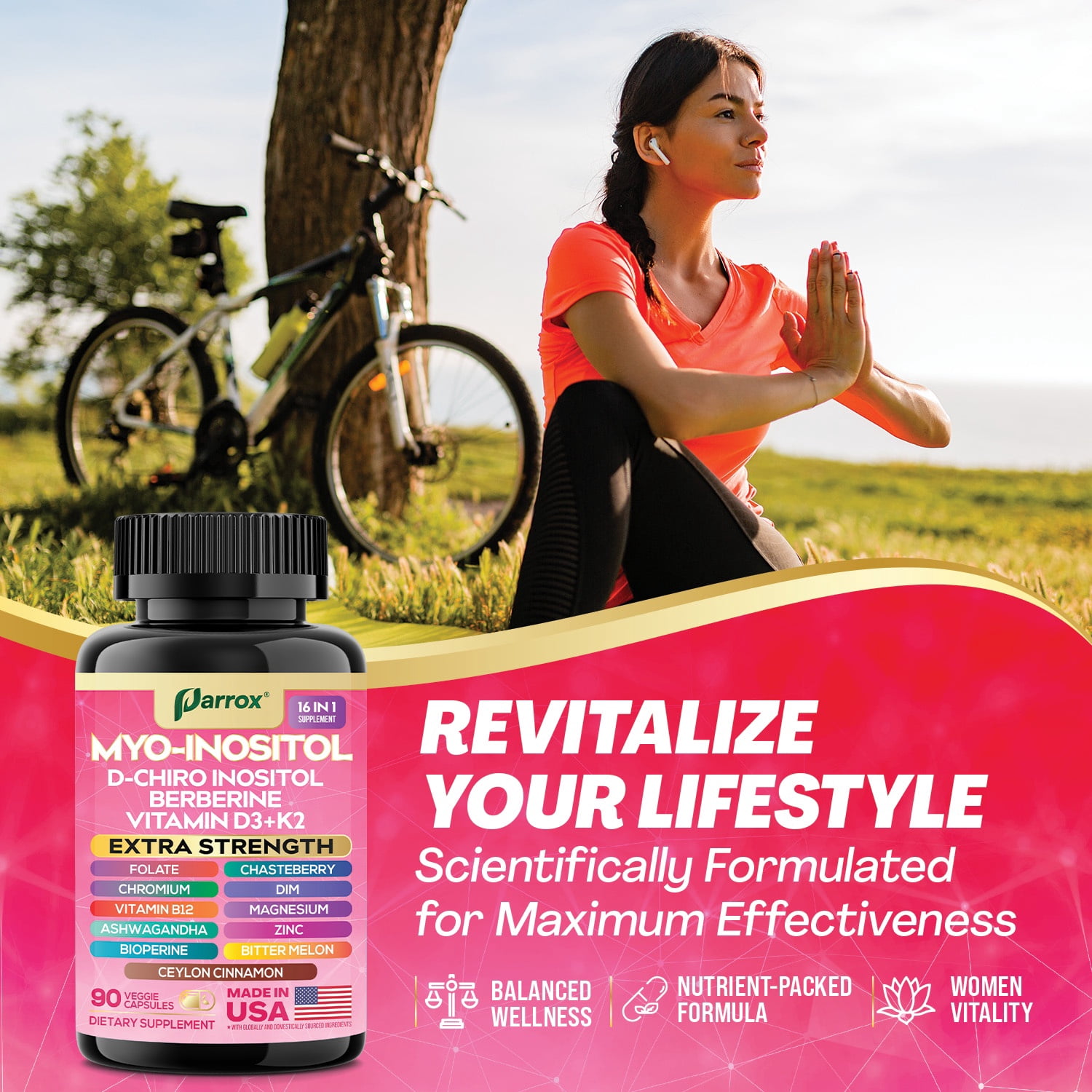 Parrox Myo-Inositol Supplement, Berberine, D-Chiro Inositol, Folate, Chromium, Vitamin D3, K2 & B12, DIM, Chasteberry, Ashwagandha, Ceylon Cinnamon, Zinc, Magnesium, Bioperine, Bitter Melon (2 Pack)