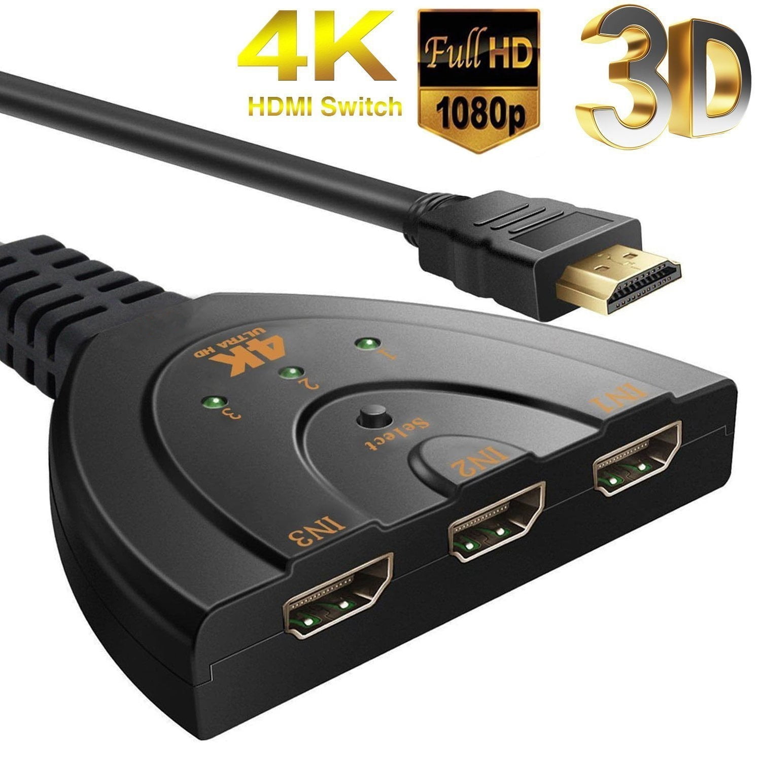 HDMI Switch 3 Port 4K HDMI Switcher 3x1 Switch HDMI Splitter Pigtail Cable Supports Full HD 4K 1080P 3D Player 