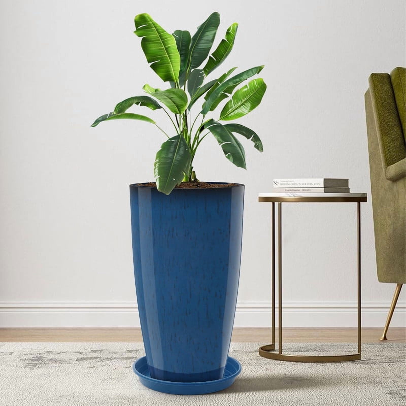 DUNCHATY 2 Pack 21 Inch Large Round Plant Pots with Tray - Heavy Duty Indoor/Outdoor Planter, Fade Resistant & Stable for Citrus Trees, Potted Plants (Navy Blue)