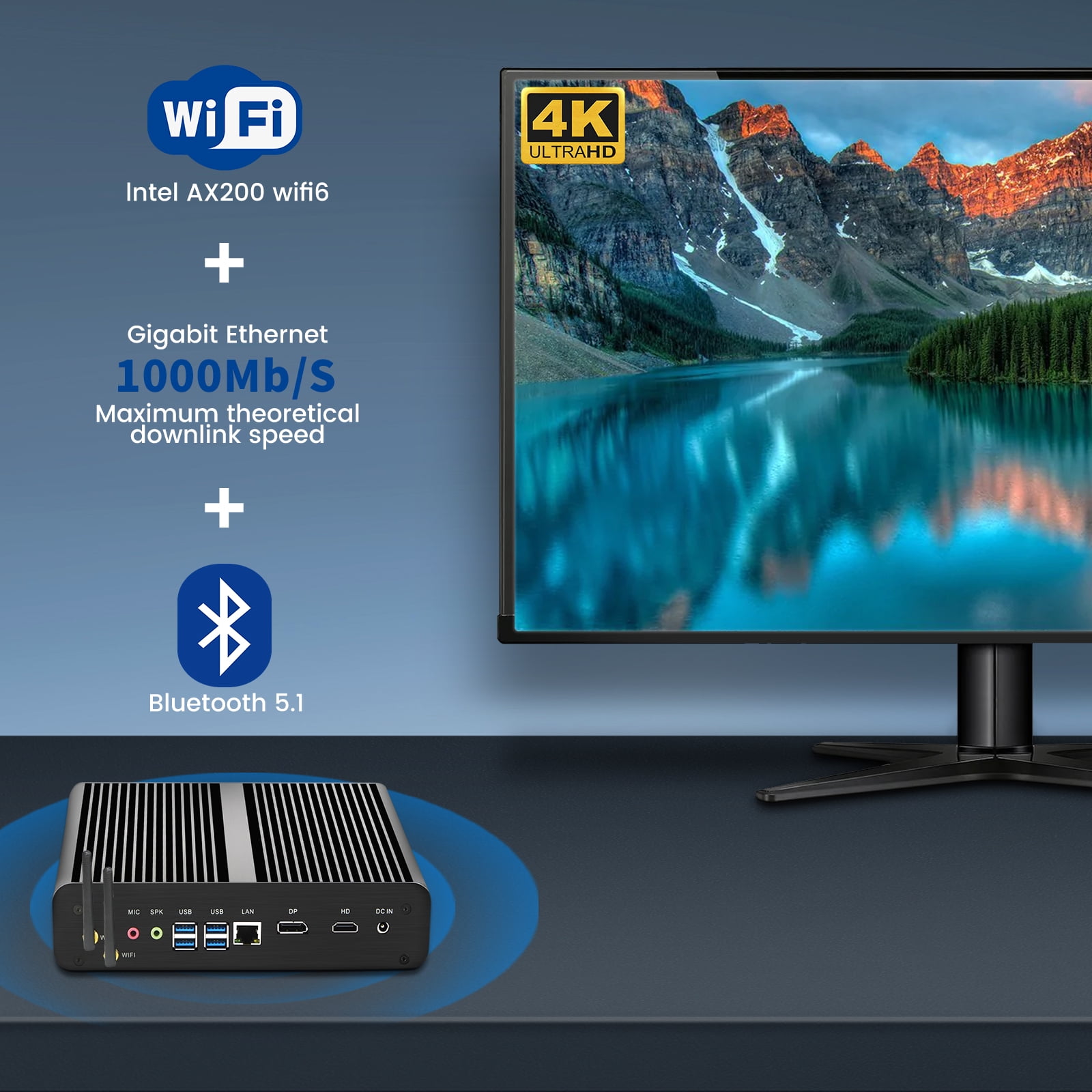 Fanless Mini PC, Desktop Computer i7-8565U 1.8-4.6GHz, Windows 11 Pro 64Bit, 16G DDR4 RAM| 512G NVME SSD, WiFi 6, 4K@60Hz, HDMI/DP, BT 5.1, Gigabit Ethernet for Gaming/Office/Industrial/HTPC