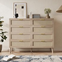 Ataucjin 8 Drawer Dresser Rattan Chest Of Dressers Mid Century Modern Dresser With Handles Large Table Top Wood Storage Closet Accent Beside Table For Living Bedroom Hallway