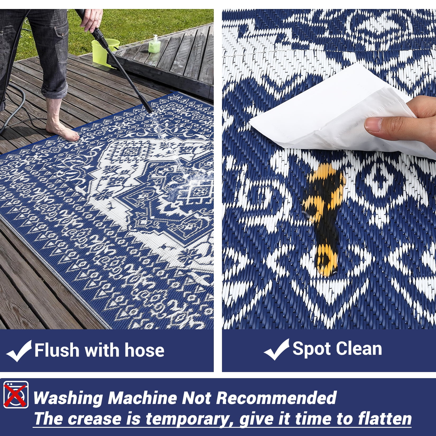 GlowSol 9x18 Outdoor Rug Waterproof Carpet Patio Rug Indoor Outdoor Area Rug Reversible Rug for Picnic Beach Deck-Outdoor, Dark Blue/White