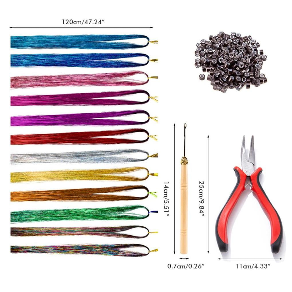 Linyer 12 Color Hair Tinsel with Pliers Crochet Silicone Buckle Hair Extension Set False Hair