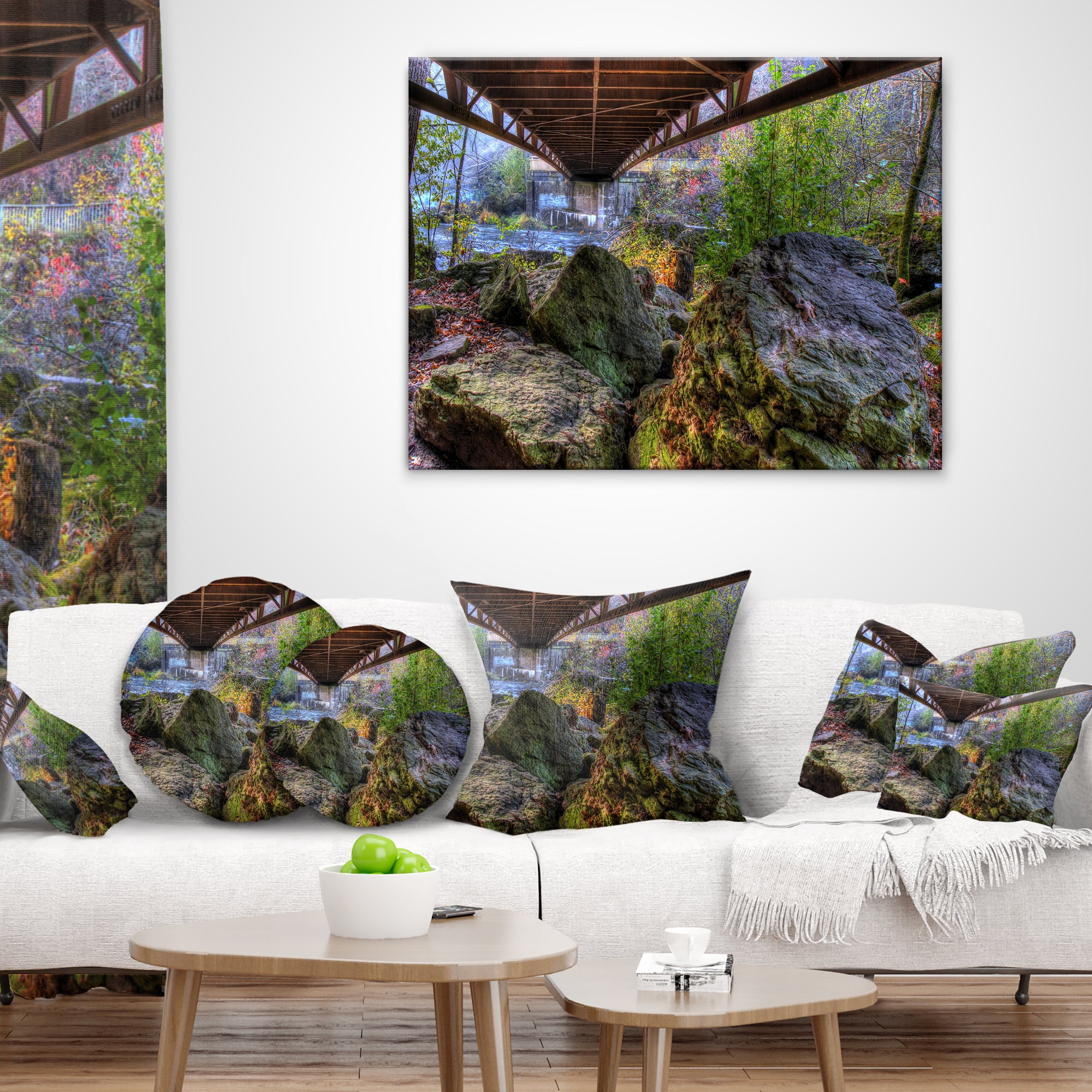 Designart Large Rocks Under Bridge in Creek - Landscape Photography Throw Pillow - 18x18