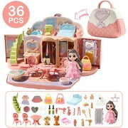 PayUSD Kids Dollhouse Playset , Portable Girls Dollhouse Pretend Play Set with Furniture & Figures, Doll House Set 2 in 1 Playhouse Set Imaginative Christmas Birthday Gifts for 3 4 5 6 Years Old