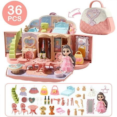 PayUSD Kids Dollhouse Playset , Portable Girls Dollhouse Pretend Play Set with Furniture & Figures, Doll House Set 2 in 1 Playhouse Set Imaginative Christmas Birthday Gifts for 3 4 5 6 Years Old
