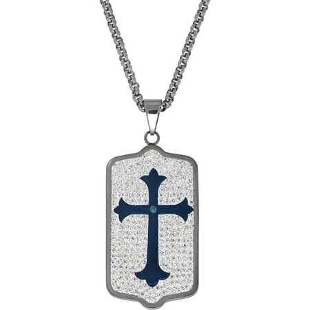 Men's Stainless Steel Dog Tag with Center Blue Cross and Crystal Necklace, 24