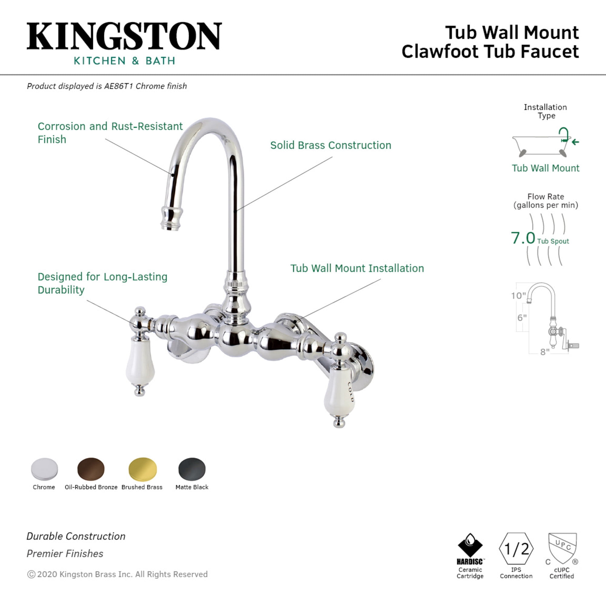 Kingston Brass AE85T7 Aqua Vintage Adjustable Center Wall Mount Tub Faucet, Brushed Brass