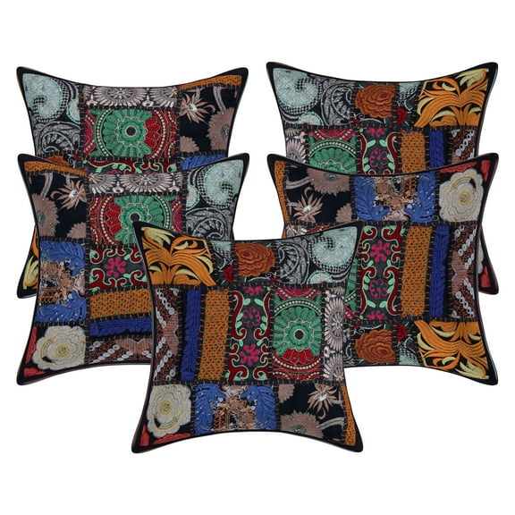 Stylo Culture Ethnic Cotton Decorative Throw Pillow Covers Black 12 x 12 Bohemian Vintage Patchwork Ethnic Sofa Cushion Covers 30x30 cm Home Decor Abstract Square Pillow Cases | Set Of 5
