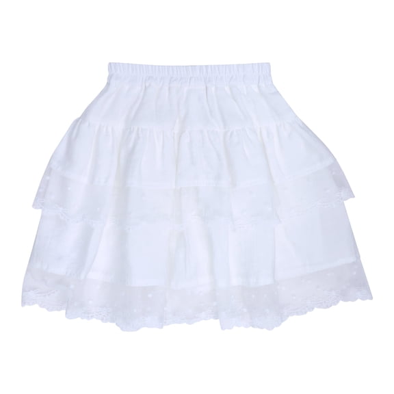 Girls Tiered Skirt Lace Trim Tutu Skirt Polka Dot Mesh Layered Party Skirt for Kids, White, Sizes 4-5Y