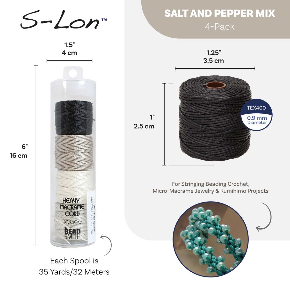 The Beadsmith S-Lon Heavy Nylon Cord – Salt & Pepper Mix – TEX400, .9mm Diameter, 4-Pack, 35 Yard Spools – For Stringing Beading Crochet, Micro-Macrame Jewelry & Kumihimo Projects