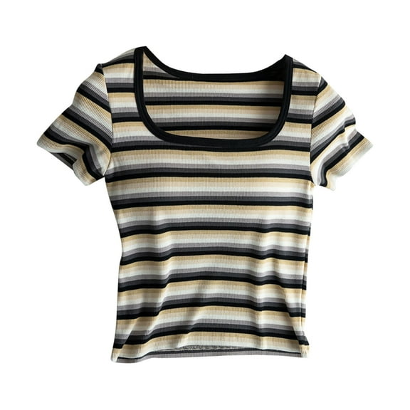 Taqqpue Women's Tops Casual Scoop Neck Short Sleeve Shirts Going Out Slim Fit Blouse Color Block Striped Crop Tee Fashion Baby Tees