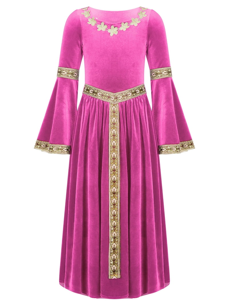 YEAHDOR Girls Renaissance Vintage Maxi Dress Velvet Long Bell Sleeve  Medieval Princess Dress Up Costume Hot Pink 8 - Walmart.com