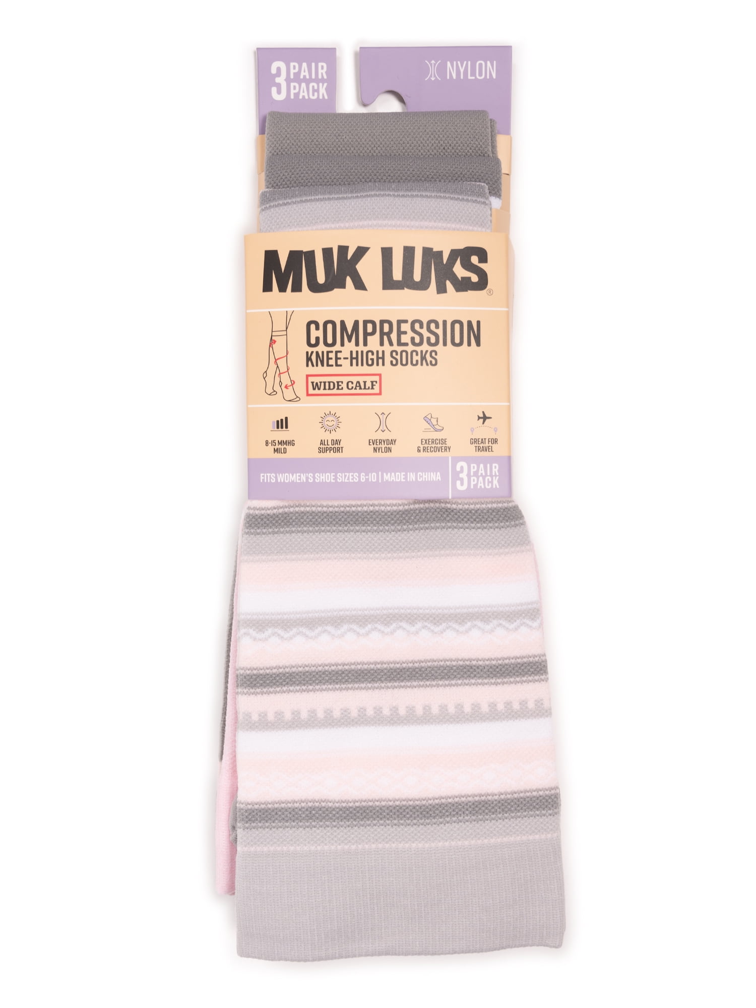 MUK LUKS Women's Regular Width Compression Nylon Knee-High Socks, 3-Pack, Shoe Size 6-10