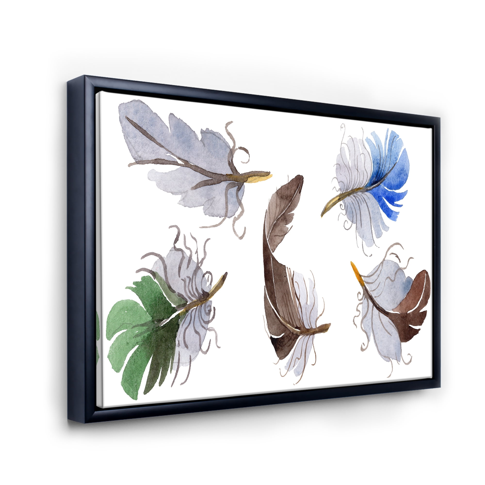 Designart 'Colourful Boho Feather Set On White IV' Bohemian & Eclectic Framed Canvas Wall Art Print