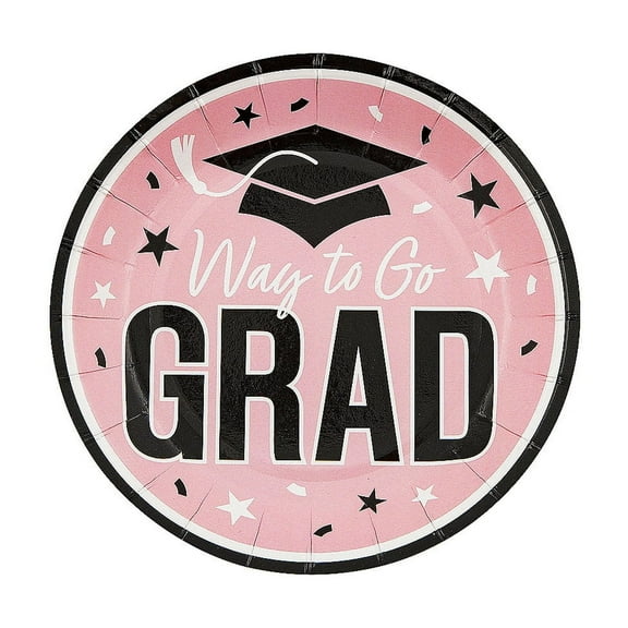 Fun Express 7 1/4" Pink Way to Go Grad Disposable Paper Dessert Plates - 25 Count