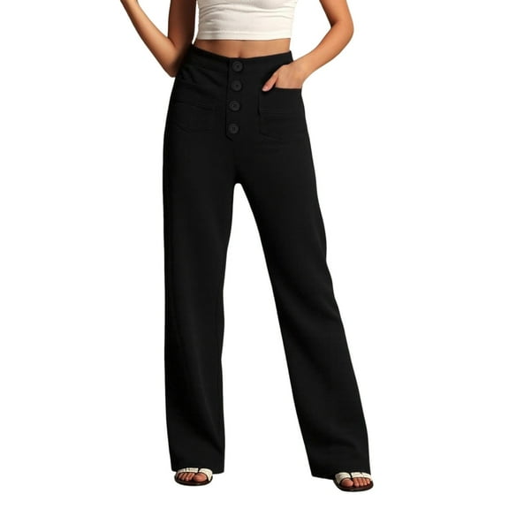 Women Fashionable Pants With High Waist Pockets And Button Up Casual Straight Leg Pants