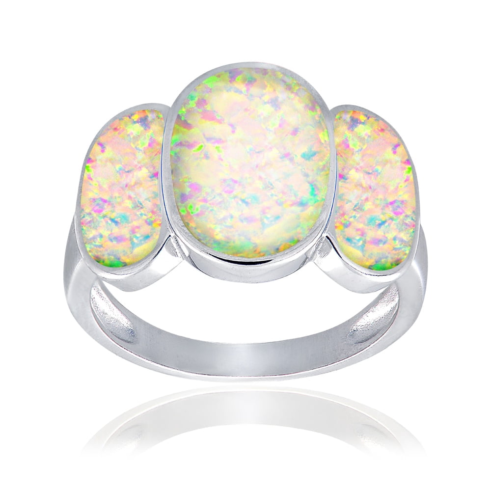 Created Blue Opal Sterling Silver Triple-Oval Fashion Ring
