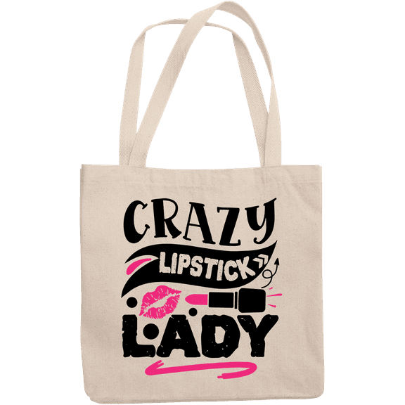 12oz Canvas Tote Bag - Crazy Lipstick Lady with Artsy Design - Beauty Themed Merch for Makeup Artist or Cosmetologist, Gift for Makeup Lovers & Beauticians