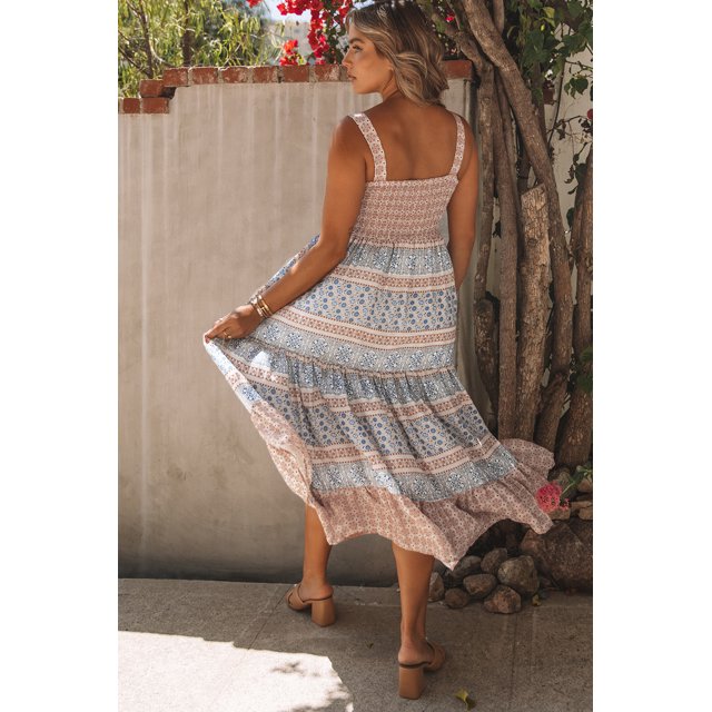 ABPHQTO Vestido largo con estampado floral geométrico estilo boho para mujer