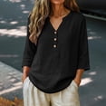 thumbnail image 2 of LEKODE Linen Tops for Women Gauze Shirts Womens Blouse 3/4 Sleeve Casual Tunic Blouses Casual Blouses Tunic Tops Breathable Tops Minimalist V Neck V Neck Roll Up Sleeve Shirt Loose Clothes Black L, 2 of 9