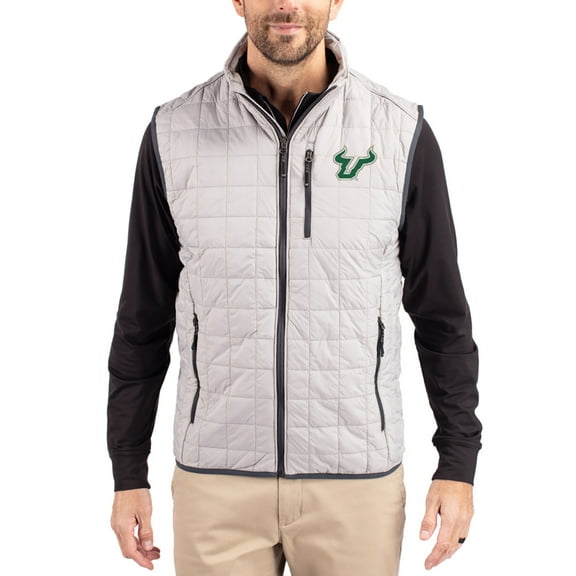 Men's-Cutter & Buck Gray South Florida Bulls Rainier Eco Insulated PrimaLoft Full-Zip Puffer Vest