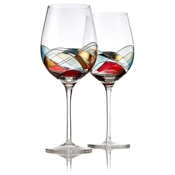 Red Wine Glasses Set of 2, Hand Painted Wine Glass, Drinkware Essentials, 11" H, 28oz Wine Lover Large Glass, Glassware Gifts Ideas for Women Inspired by 'Duomo di Milano' Mothers Day (Red)