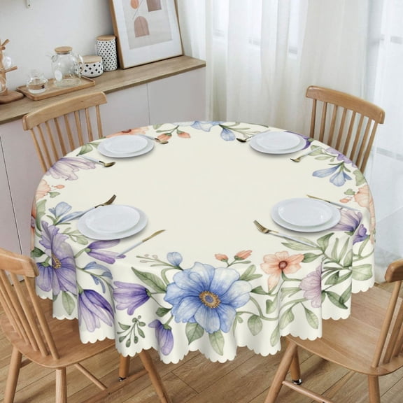 Blue Purple Wildflower Wreath Round Tablecloth Waterproof Oil Proof Spill Proof Table Cloth 70" for Camping, Dining, Indoor and Outdoor Table Cover