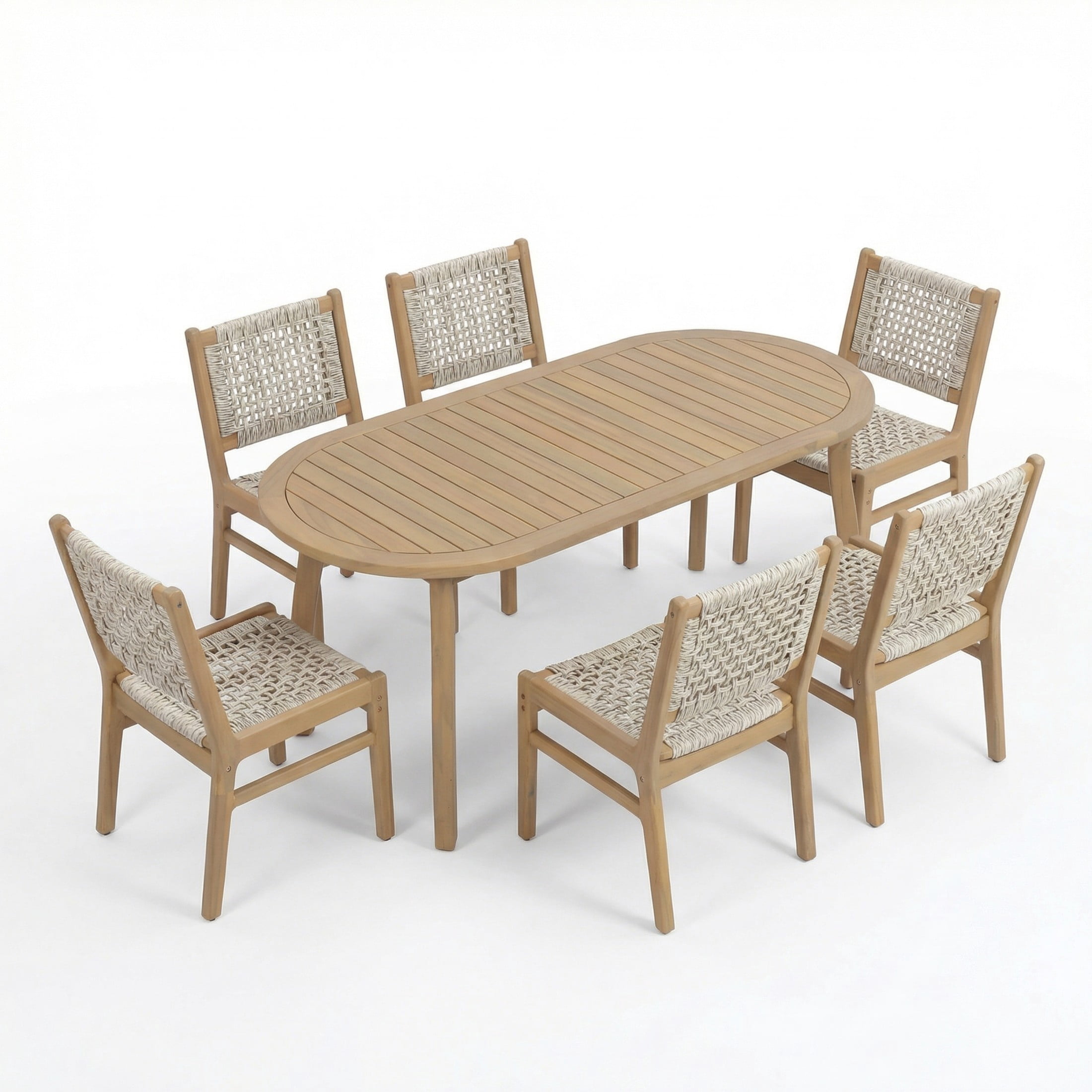 Christopher Knight Home 7-Piece Boho Patio Wooden Dining Set, Oval Table with Wicker Chairs, Light Gray