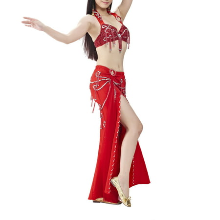 TOPTIE Professional Belly Dance Tribal Costume, Sequin Bra & Side Slit Skirt-1pc-Red Set