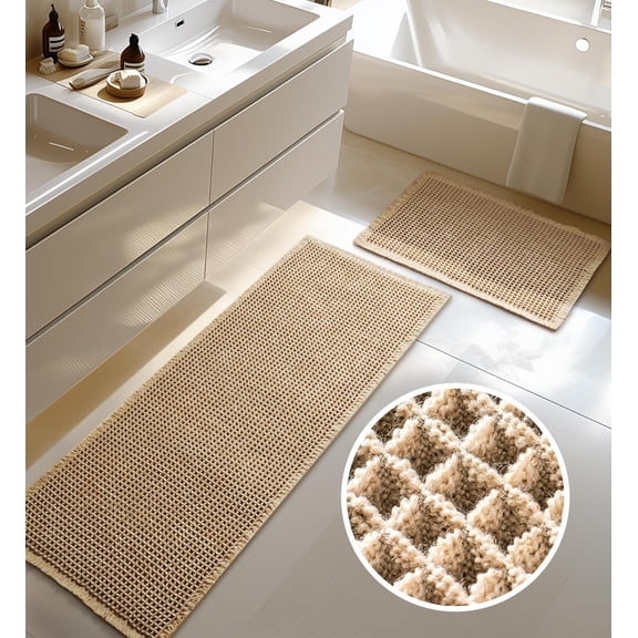 Large Waffle Bath Mat Set, Non Slip Bath Rug Set, Ultra Absorbent Bath Mats for Bathroom Decor, Extra Soft Floor Kitchen Rugs Sets 2 Piece, Washable Bath Runner Rug, Brown, 20"Ă—47" & 16"Ă—24"