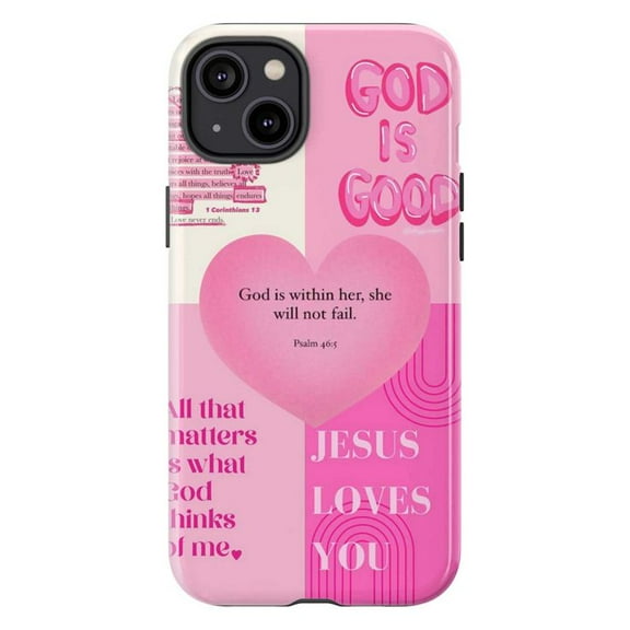 Christian Pink Bible Verse Phone Case, Psalm 46:5 “God Is Within Her” Inspirational Design, Jesus Loves You Soft Pastel Cover for iPhone 16 15 14 13 12 11 Pro Plus Mini
