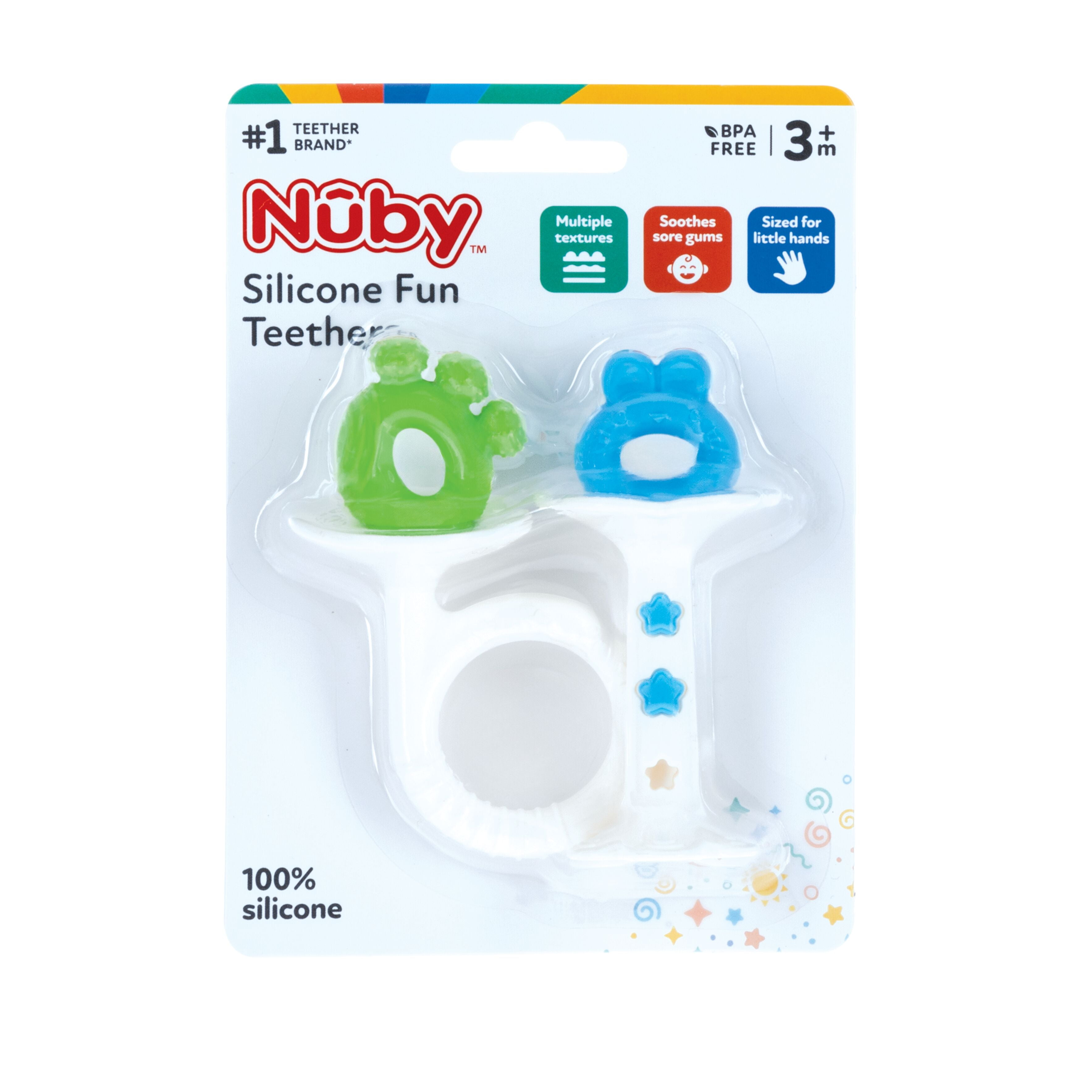 Nuby Silicone Fun Teethers for Infants, Bunny and Tuba, Blue and Green, 2 Pack