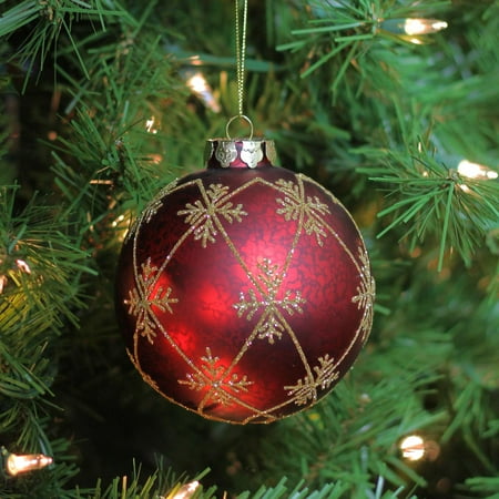 Burgundy Red With Gold Glitter Snowflakes Mercury Glass Ball