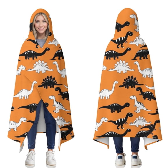 Wearable Blanket,Orange Cartoon Black White Dinosaurs Pattern Hooded Wearable Flannel Blanket for Adults & Teens,Winter Poncho Shawl Wrap Cape Cozy Anti-Pill,50"x60"