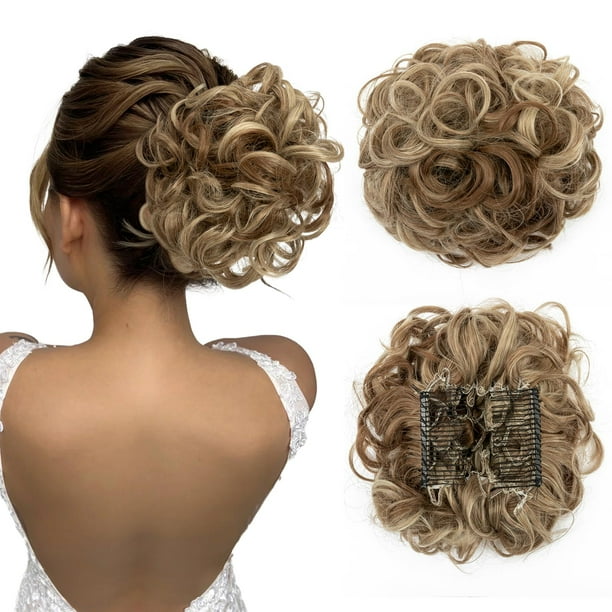 Benehair Moño desordenado con peines Clip en moño Scrunchie Juva moño plato pelo ondulado esponjoso Updo fácil estiramiento moño grande corto cola de caballo postizo para mujeres marrón arena y rubio