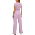 thumbnail image 4 of Two Piece Sets for Women Summer Casual Outfit Sets Solid Color Button Down Round Neck Short Sleeve Tops and Drawstring Wide Leg Pants with Pocket Sets Relaxed Vacation Wear, 4 of 9