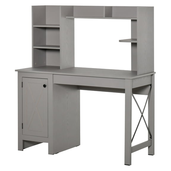 Computer Desk with Hutch & Storage, Home Office Desk with Cabinet, Light Grey - Farmhouse Desk with Shelves