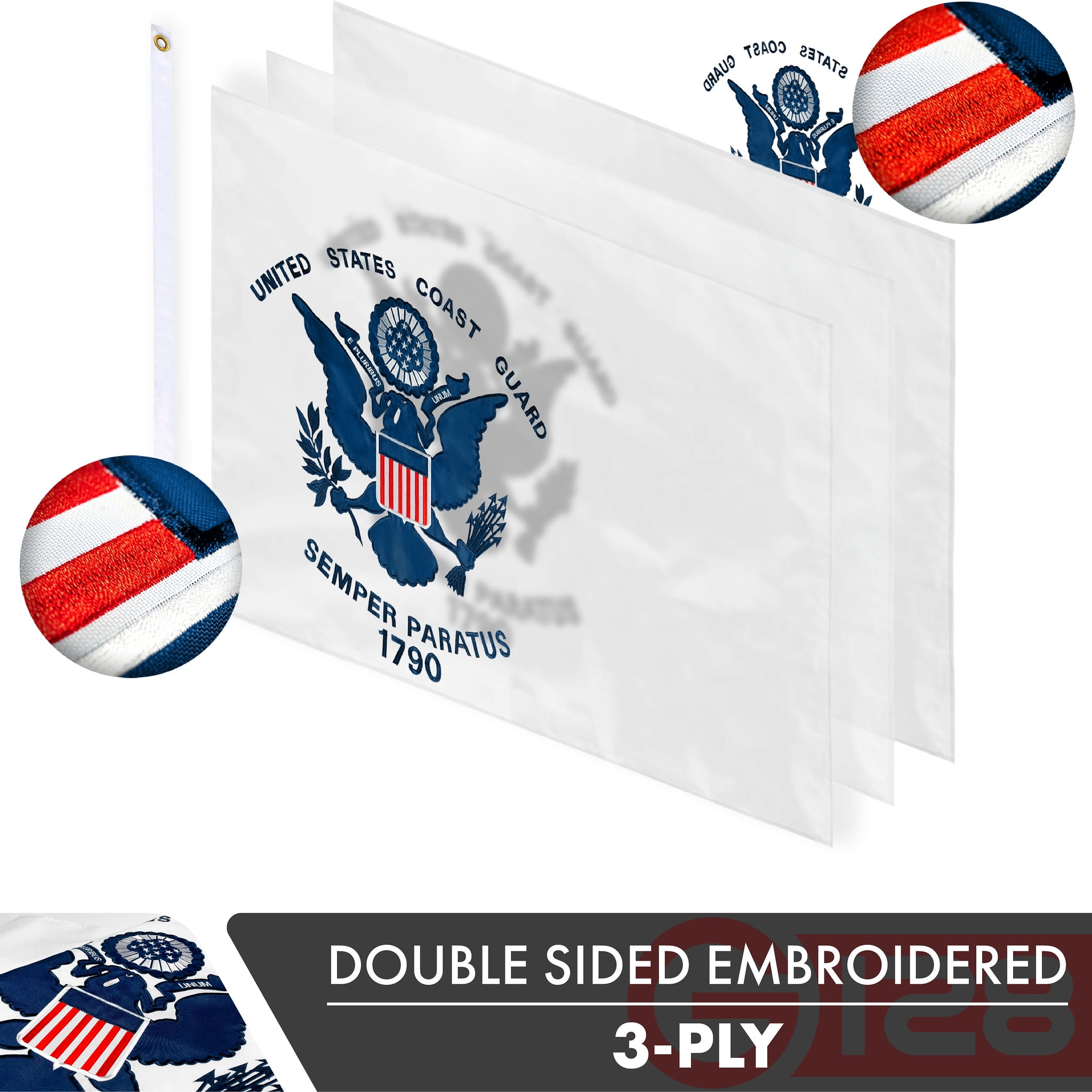 G128 - US Coast Guard Flag Double Sided 210D Embroidered 3x5 ft Flag with Brass Grommets