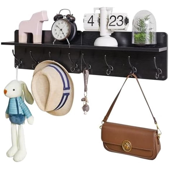 Coat Rack Shelf Wall Mounted, Wooden Coat Hooks Set of 2, Entryway Coat Hanger with 8 Hooks,31.5''L Floating Shelves, Key Holder, for Kitchen, Bedroom, Bathroom, Living Room, Black,UHWS006B-2