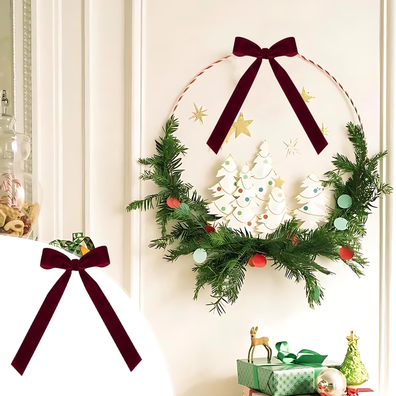 GSNRWERN 36 Pcs Wine Velvet Christmas Tree Ribbon Bows, Christmas Tree Bow Rustic Crafts Gift Bows, Velvet Ribbon Bow Bulk for Christmas Tree Garland Home Wedding Decoration (5 * 7 inch)