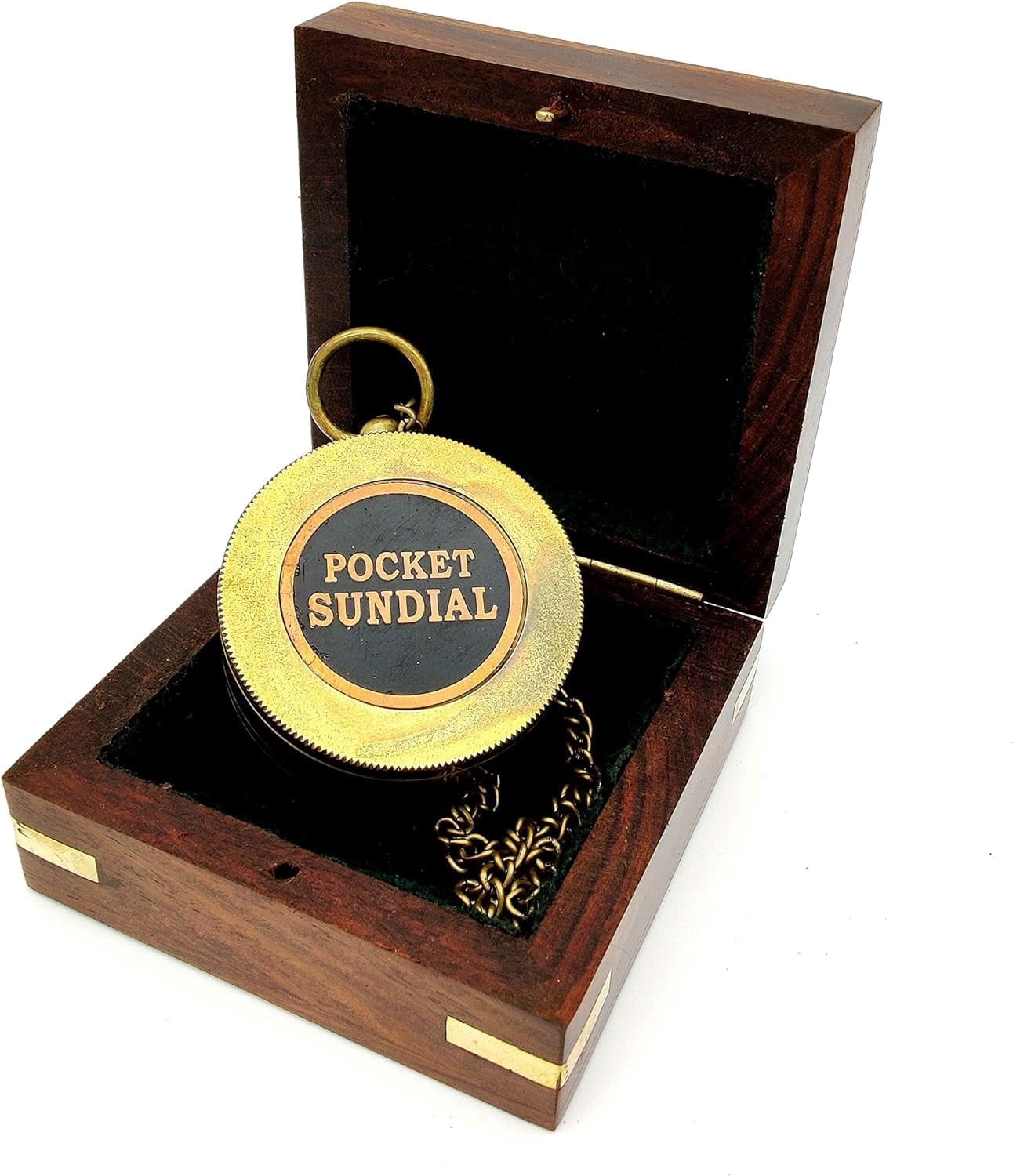 Pocket Sundial Compass – Handcrafted Vintage Brass Sundial & Compass with Engraved Sundial Bird Design, Portable Travel Compass in Elegant Wooden Gift Box